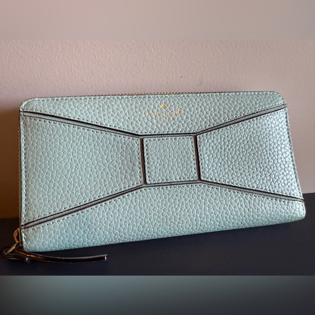 Kate Spade Turquoise Pebbled Leather Zip Around Bow Detail Wallet